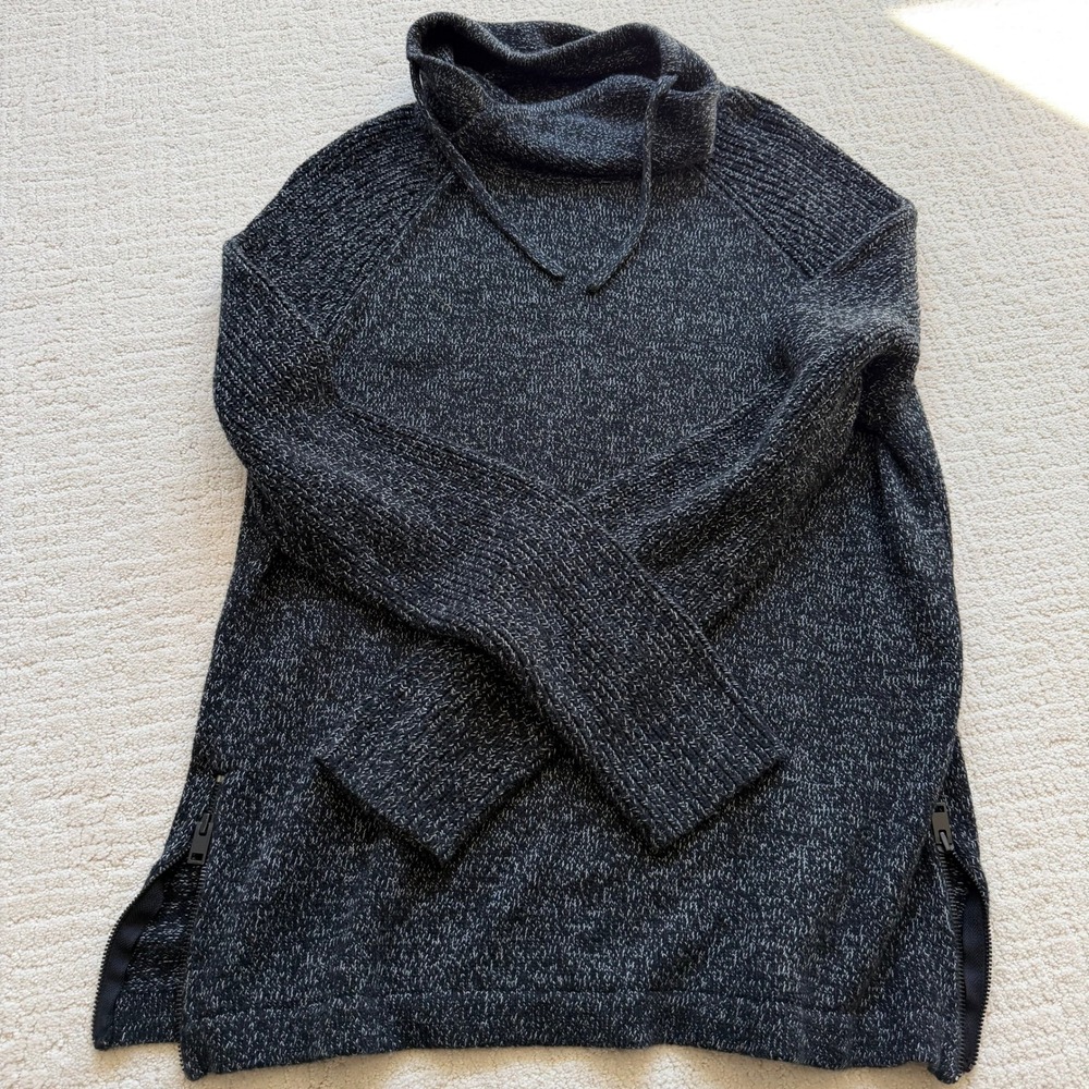 Express Cowl Tie Neck Sweater Marled Black White Side Zip Cotton Blend Cozy Soft